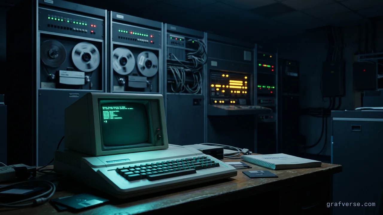 A 1980s home microcomputer on a desk in the foreground, with a room-sized 1960s mainframe — tape reels and panel lights — behind it.