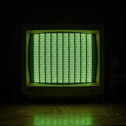 A vintage CRT monitor in a dark room, its screen filled edge to edge with the word PASS in green phosphor